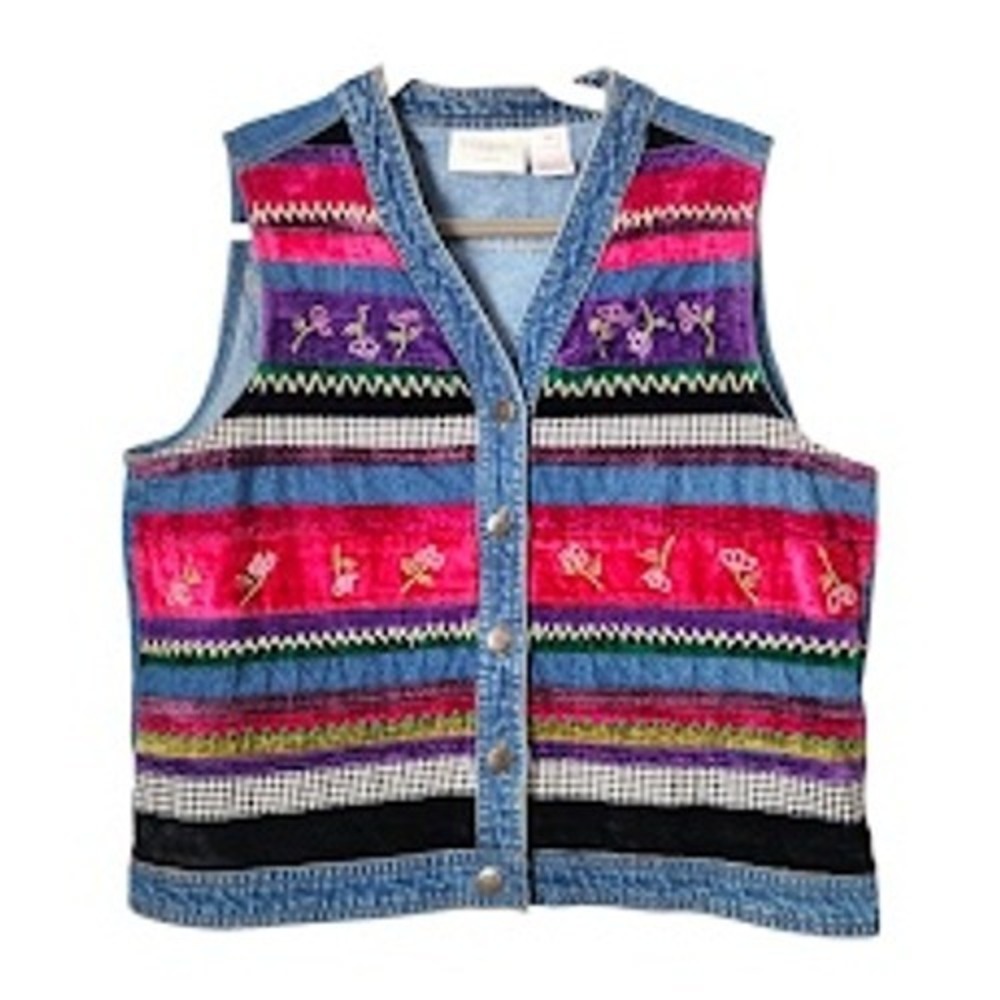 SUSAN BRISTOL Denim Vest Boho Embroidered Patchwork Academia Artsy Waistcoat M